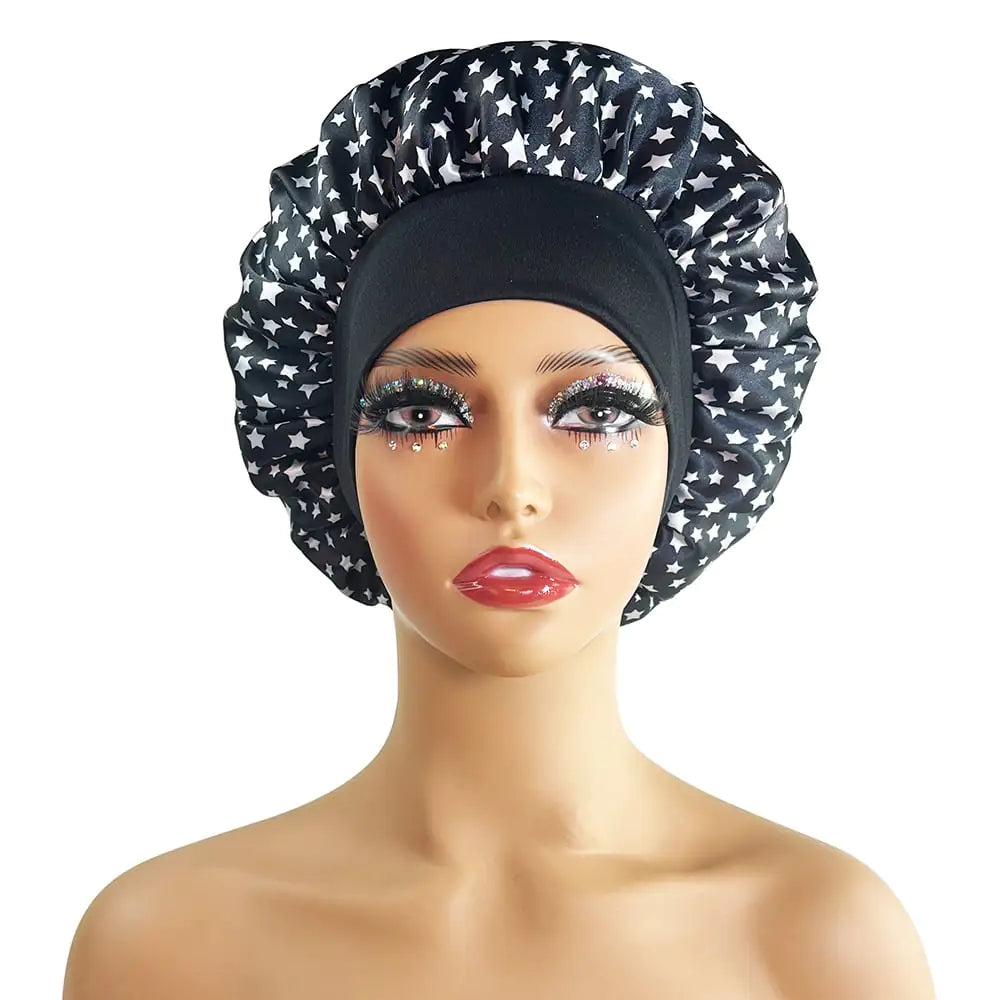 Wide-Brimmed Satin Printed Shower Cap for Beauty