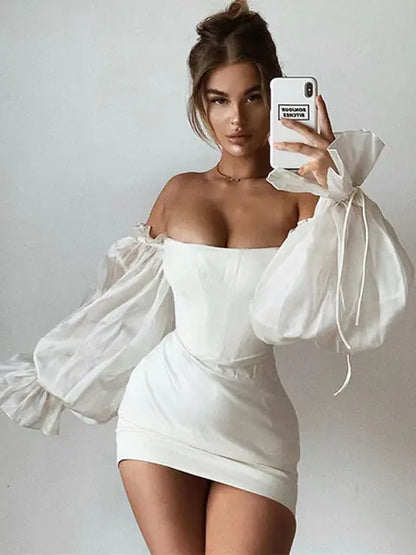Summer New Sexy Off-Shoulder Bodycon Dress with Lantern Sleeves