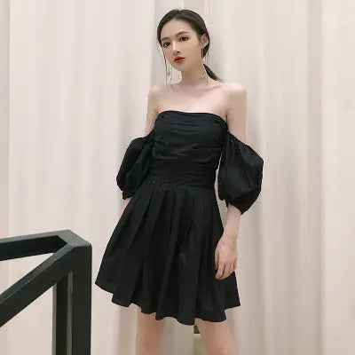 Vintage Off-Shoulder Lantern Sleeve Dress with Bow