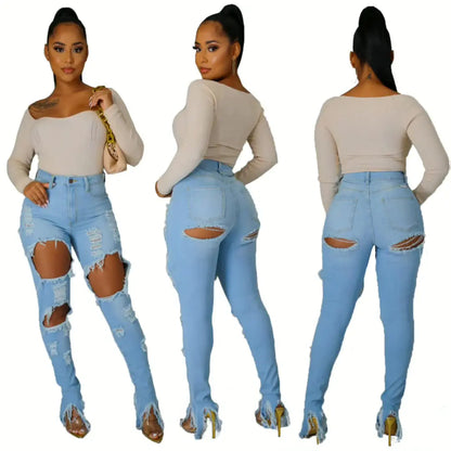 Irregular Slit Pencil Jeans with Shredded Fringe