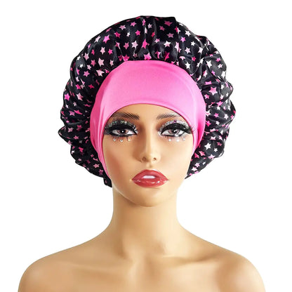 Wide-Brimmed Satin Printed Shower Cap for Beauty