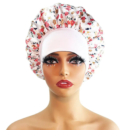 Wide-Brimmed Satin Printed Shower Cap for Beauty
