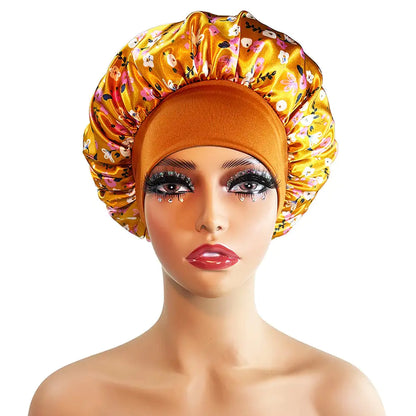 Wide-Brimmed Satin Printed Shower Cap for Beauty