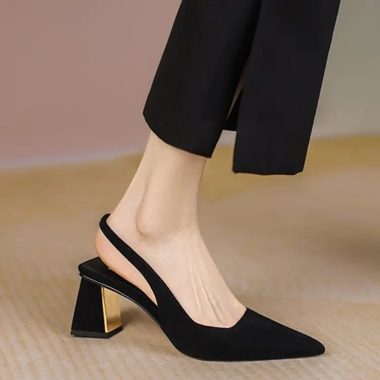Black Suede Pointed Toe High Heel Slingbacks for Women