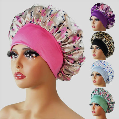 Wide-Brimmed Satin Printed Shower Cap for Beauty