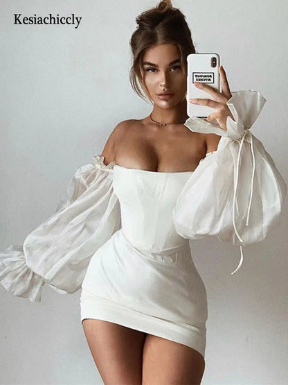 Summer New Sexy Off-Shoulder Bodycon Dress with Lantern Sleeves
