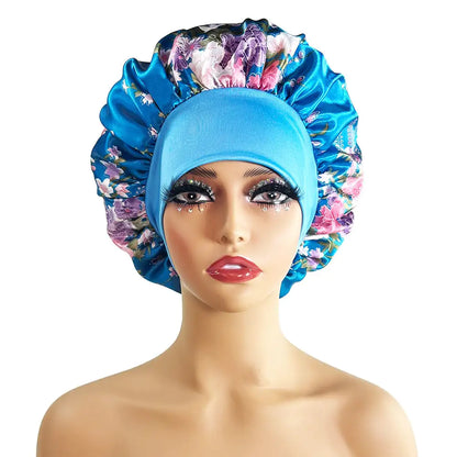 Wide-Brimmed Satin Printed Shower Cap for Beauty