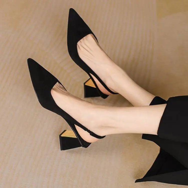 Black Suede Pointed Toe High Heel Slingbacks for Women