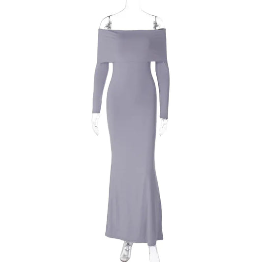 Off-Shoulder Patchwork Long Sleeve Solid Color Dress