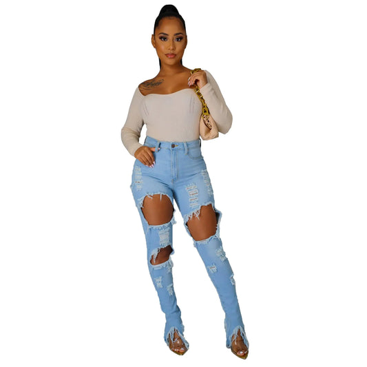 Irregular Slit Pencil Jeans with Shredded Fringe