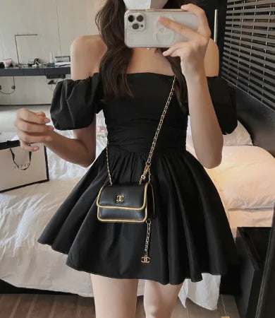Vintage Off-Shoulder Lantern Sleeve Dress with Bow